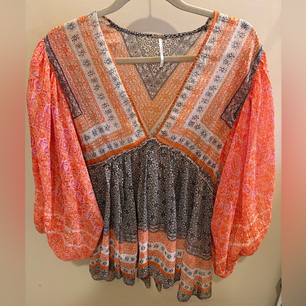 NWOT Free People Aliyah Orange Brown Gold Metallic Printed Boho Tunic Top Medium - Picture 9 of 15